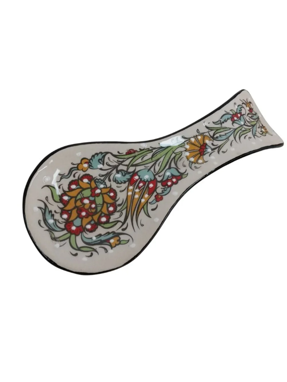 Turkish Hand-Painted Ceramic Spoon Rest With Orange Red & Blue Floral Design